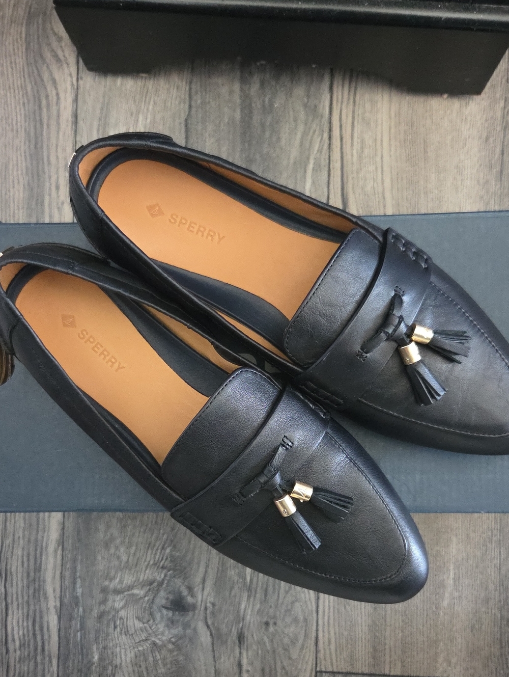Sperry Black Leather Tassel Penny Loafers with Gold Bead Accents